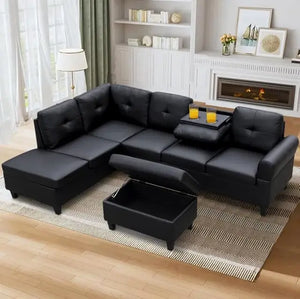 Living Room Sofas - PU Leather L-Shaped Couch w/Cup Holder and Storage Ottoman