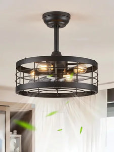 Farmhouse Ceiling Fan Light - 16.5" Black Caged, Industrial Bladeless