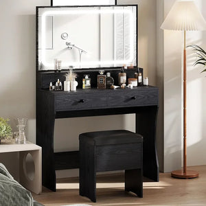 4-Drawer Bedroom Vanity Dresser | LED Lighted Mirror, Storage Bench, Power