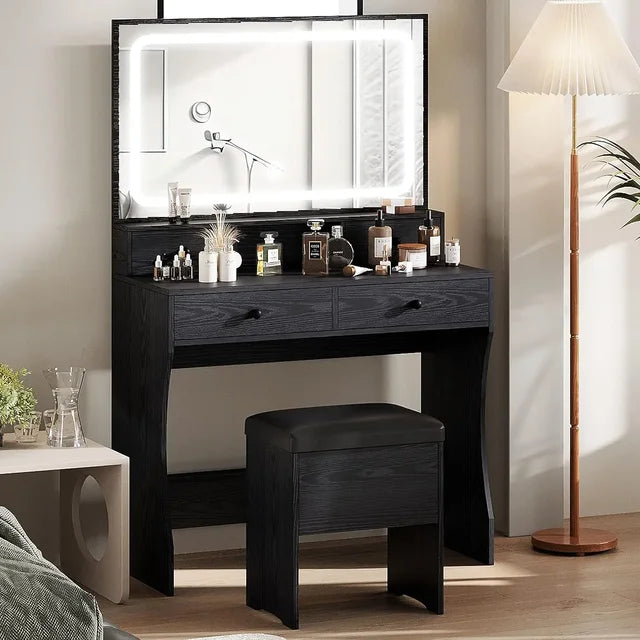 4-Drawer Bedroom Vanity Dresser | LED Lighted Mirror, Storage Bench, Power