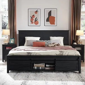 Queen Bedstead w/ Integrated Storage Cabinets | Sliding Barn Doors, Solid Wood Slats