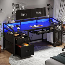 Load image into Gallery viewer, Spacious 63&quot; Gaming/Office Desk - Lockable File Drawers, LED Lights, Power Outlet