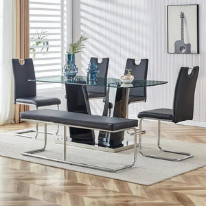 Modern 6 Piece Dining Table Set - Table, 4 High-Back Tufted Chairs & 1 Bench