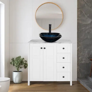 "Elegant Bathroom Vanity Set: Marble Textured Countertop, Blue Glass Sink, 4 Drawers