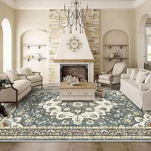 Large 9x12 Ft Floral Distressed Rug - Soft, Waterproof, Stain Resistant Carpet