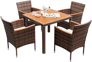 "Outdoor Dining Table & Chairs Set - Acacia Wood Top, Rattan Patio Furniture