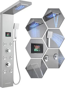 Black Rainfall Waterfall Shower Panel with LED Lights, 5-in-1 Shower Tower System