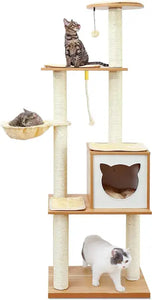 Deluxe 65" Wood Cat Tree House - Modern Cat Condo with Hammock, Scratching Post, Detachable Cushions