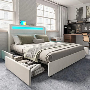 "LED King Size Bed Frame with Storage Drawers, USB Ports & LED Headboard