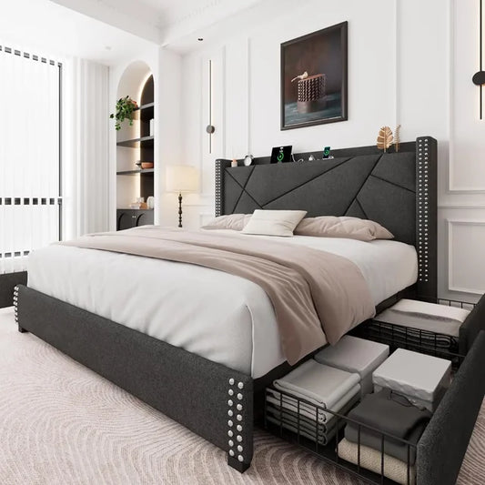 "King Size Upholstered Platform Bed Frame with 4 Storage Drawers & Solid Wood Slats