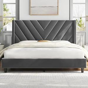 Bedroom Bed Frame - Queen Size, Upholstered Platform w/ Tufted Headboard