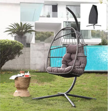 Load image into Gallery viewer, Rattan Hanging Egg Chair w/Stand - Wicker Patio Swing Cushion &amp; Cover Included