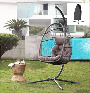 Rattan Hanging Egg Chair w/Stand - Wicker Patio Swing Cushion & Cover Included