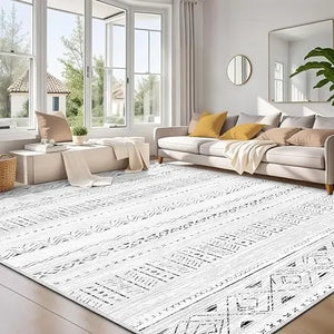 8x10 Soft Farmhouse Rug - Neutral Modern Carpet, Machine Washable, Non-Slip