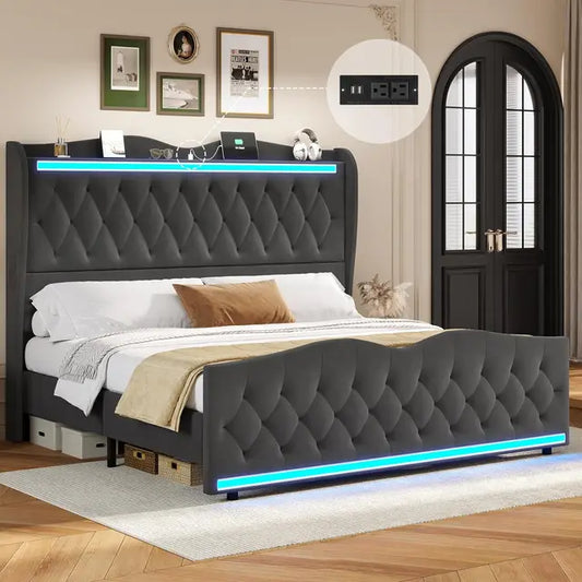 "King Bed Frame with LED Lights & Charging Station | High Headboard Platform Frame