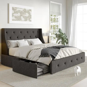 Elegant Queen Bed Frame & Headboard | 4 Storage Drawers, Diamond Stitching