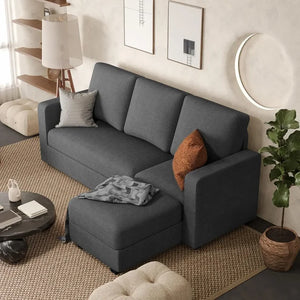 Convertible L-Shaped Sectional Sofa, Reversible Recliner, Linen Fabric