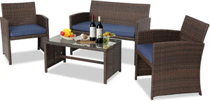 "Outdoor Wicker Sofa Set with Cushions & Coffee Table – Stylish Rattan Garden Furniture