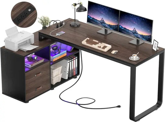 "L-Shaped Computer Desk w/ Filing Cabinet, Storage Shelf, LED Lights, Power Outlet