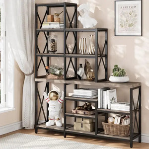 "Modern Ladder Bookcase with Metal Frame - 14 Multi-Tier Storage Shelves