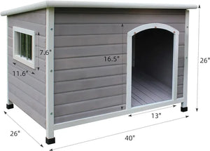 Cute Wooden Dog House - 33.4" Weatherproof Outdoor Pet Home w/ Door