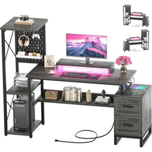 Load image into Gallery viewer, 53&quot; Reversible Home Office Desk, 2 Fabric Drawers, Power Outlet &amp; LED Lights