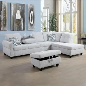 "3-Piece Modular Sofa Set w/ Cup Holders & Storage Footstool – L-Shaped for Small Spaces