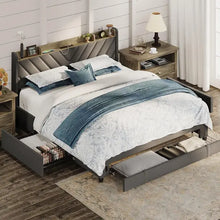 Load image into Gallery viewer, &quot;Queen Bed Frame with Headboard &amp; Storage Drawers, USB Charging, No Box Spring