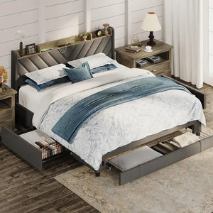 "Queen Bed Frame with Headboard & Storage Drawers, USB Charging, No Box Spring