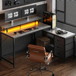 Reversible L-Shaped Computer Desk, Gaming Desk with LED Lights, Outlet & Storage