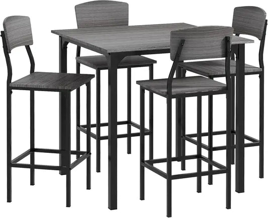 "Industrial Bar Table Set for 4 - Square Kitchen Table & Chairs with Footstool