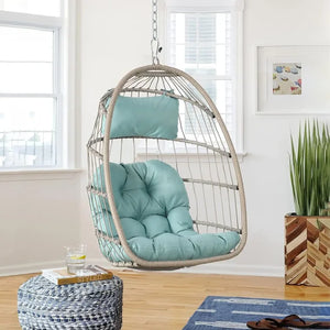 Rattan Hanging Egg Chair w/Stand - Wicker Patio Swing Cushion & Cover Included