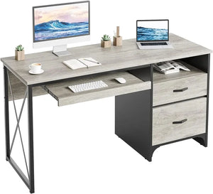 Home Office Desk - Industrial Style with Storage, Keyboard Tray, File Drawer