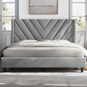 Bedroom Bed Frame - Queen Size, Upholstered Platform w/ Tufted Headboard