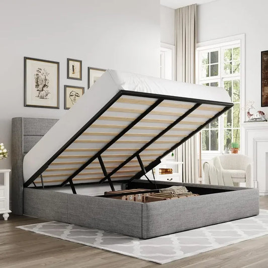 "Large Lift Storage Bed with Modern Wingback Headboard – Hydraulic, Easy Assembly