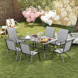 Garden Dining Table & 6 Chairs Set - Square Metal Patio Table, Stackable Seating