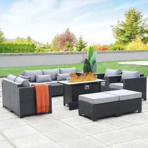 7-Piece Outdoor Patio Furniture Set - 45" Propane Fire Pit, Non-Slip Cushions