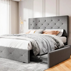 "Queen Upholstered Platform Bed Frame w/ 4 Storage Drawers & Adjustable Headboard