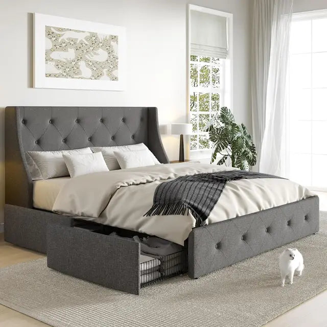 Elegant Queen Bed Frame & Headboard | 4 Storage Drawers, Diamond Stitching