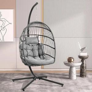 Hanging Egg Swing Chair with Stand - Egg Chair, Wicker, Cushioned Headrest