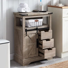 Load image into Gallery viewer, Rustic Bathroom Storage Cabinet, Sliding Barn Door Design, Drawers, Compact Floor Cabinet