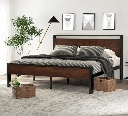 Queen Platform Bed Frame w/ Under-Bed Storage | 14-Inch Mahogany Metal Bedstead