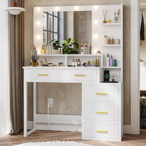 Makeup Vanity Desk with 10 Light Bulbs Mirror: White Vanity Table with Charging Station