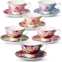 Load image into Gallery viewer, Set of 6 Porcelain Tea Cups (8 oz) with Saucers, Porcelain Tea Cup Sets