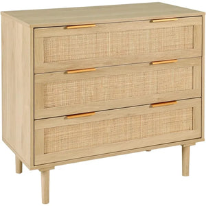 Wood 3-Drawer Dresser Chest, Rattan-Accented Storage for Kids' Bedroom