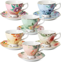 Load image into Gallery viewer, Set of 6 Porcelain Tea Cups (8 oz) with Saucers, Porcelain Tea Cup Sets