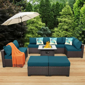 10-Piece PE Wicker Outdoor Furniture Set, 45" Gas Fire Pit Table, 5" Thick Cushions