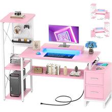 Load image into Gallery viewer, 53&quot; Reversible Home Office Desk, 2 Fabric Drawers, Power Outlet &amp; LED Lights