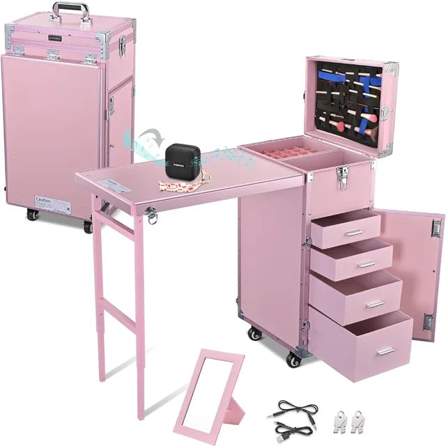 Portable Manicure Nail Table: Foldable Makeup Train Case, Desk Cosmetic Trolley, Travel Storage