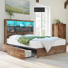 Load image into Gallery viewer, Solid Wood King Bed Frame w/ LED Headboard | 4 Drawers, Quiet Platform Base